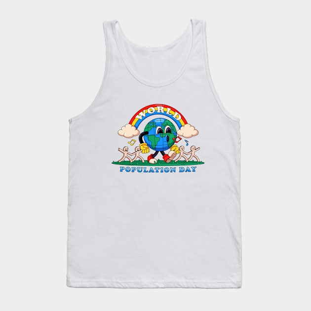 World population day, earth walks happily while holding on to paper humans Tank Top by Vyndesign